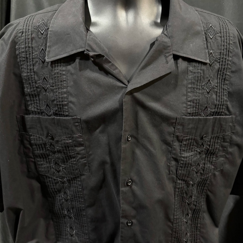 Fox Fire: Black Embroidered Guayabera Shirt - Wedding/Celbration 2XL